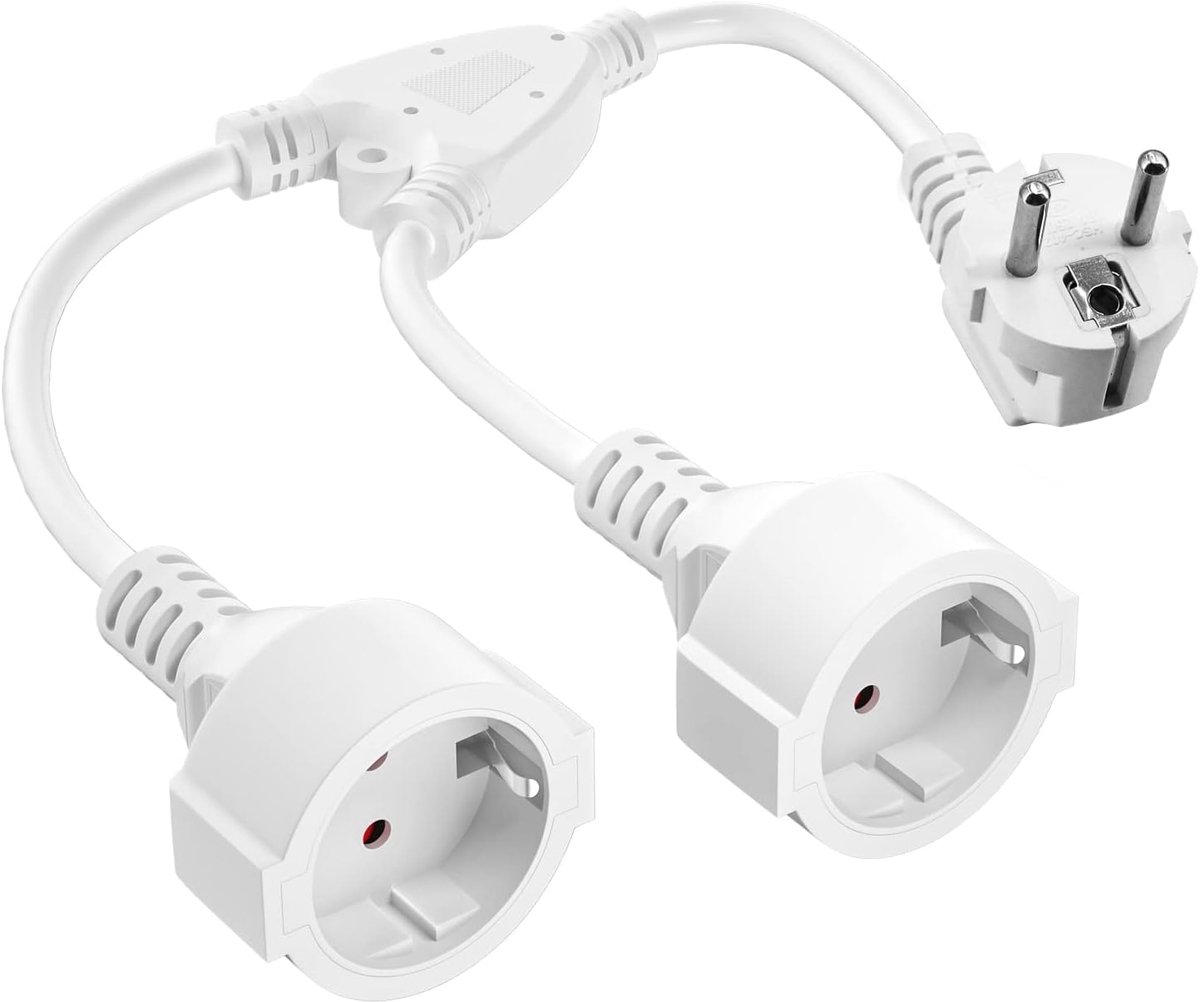 SnelShoppen - Luxe Dubbele Stekker voor Wandcontactdoos, 2-Weg Verlengkabel Kort met Flexibele Kabel, Schuko 2-Way Verdeelstekker, 16A/250V/Max 4000W,