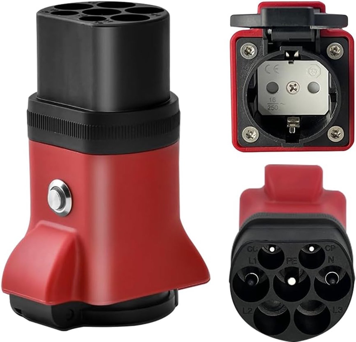SnelShoppen - Type 2 naar Schuko Adapter met Schakelaar, 16A EV Oplaadkabel, Type 2 Laadstation naar Schuko Stopcontact, Rood, Geschikt voor Auto Ladi