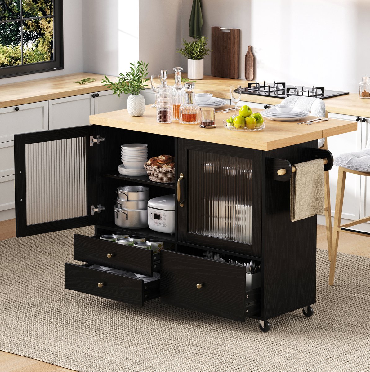 Wishdor - Keukenkast - Uitschuifbaar werkblad - Laden en dubbeldeurs opbergruimte - Scandinavische stijl - Keuken en eetkamer - Houtlook - Zwart/naturel - 100 x 42-70 x 91,5 cm