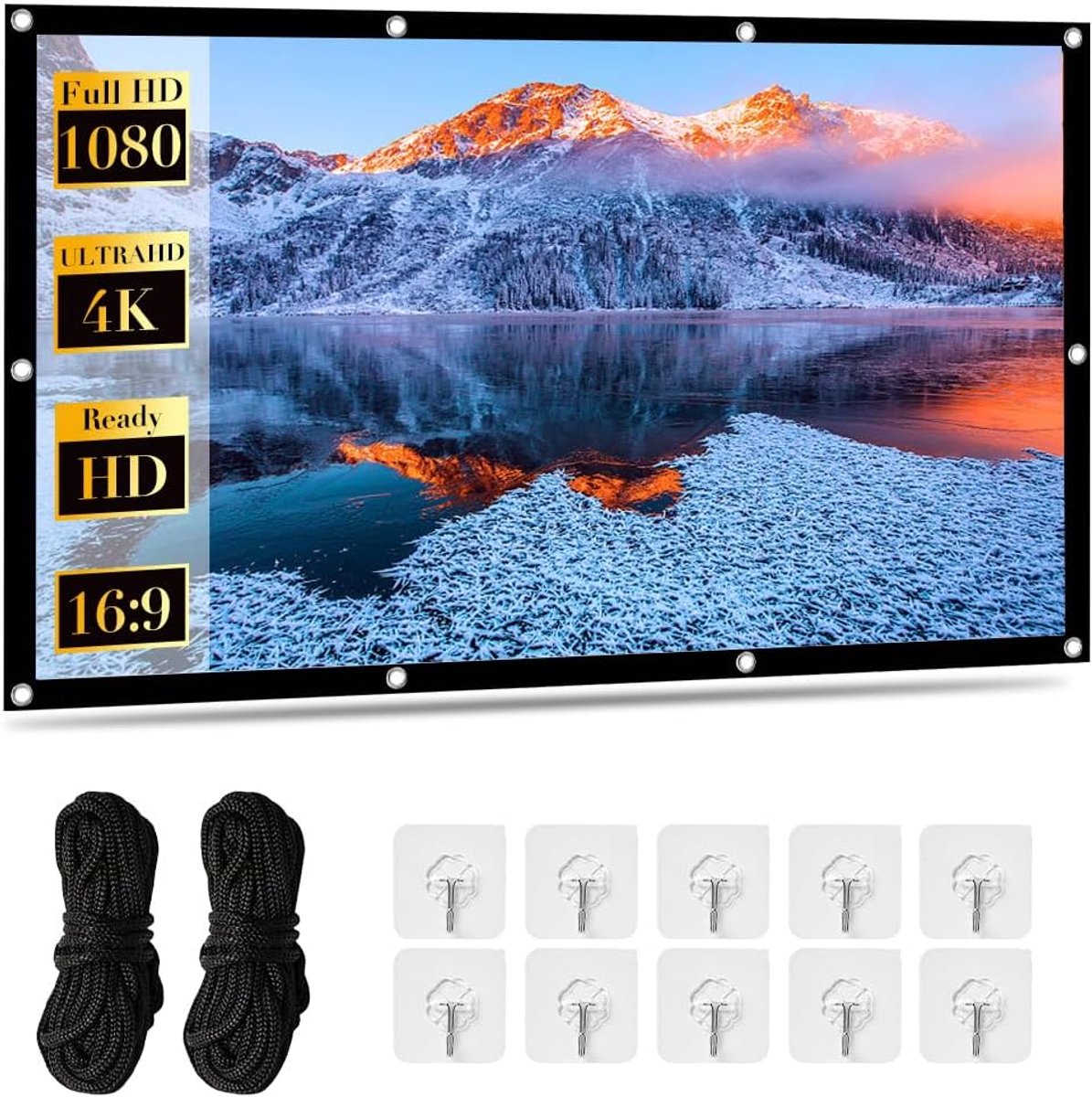 SnelShoppen - Beamer 100 inch HD Projectorscherm 16:9 - Opvouwbaar en Draagbaar - Kreukvrij met 10 Haken en Bindtouwen - Ideaal voor Thuisbioscoop, Tu
