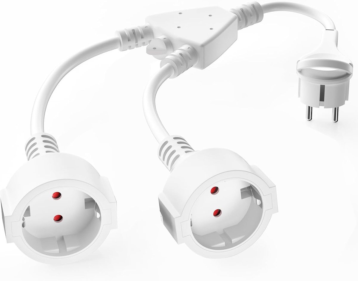 SnelShoppen - Double Plug voor Stopcontact, Verlengsnoer met 2-Weg Socket en Platte Stekker, AOUOO 2-Weg Schuko Y Distributor, 1.5 mm² Flexibel Kabel,