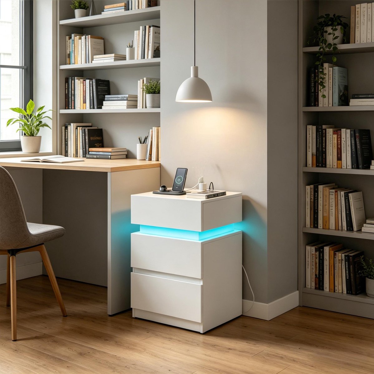 Wishdor - Nachtkastje set van 2 - met LED-verlichting en laadstation - 2 lades en klepvak - modern - slaapkamer en woonkamer - hout - wit - 40 x 35 x 55 cm