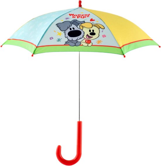 Paraplu met een afbeelding van Woezel & Pip. De paraplu is blauw, geel en lichtblauw met een rode handgreep.