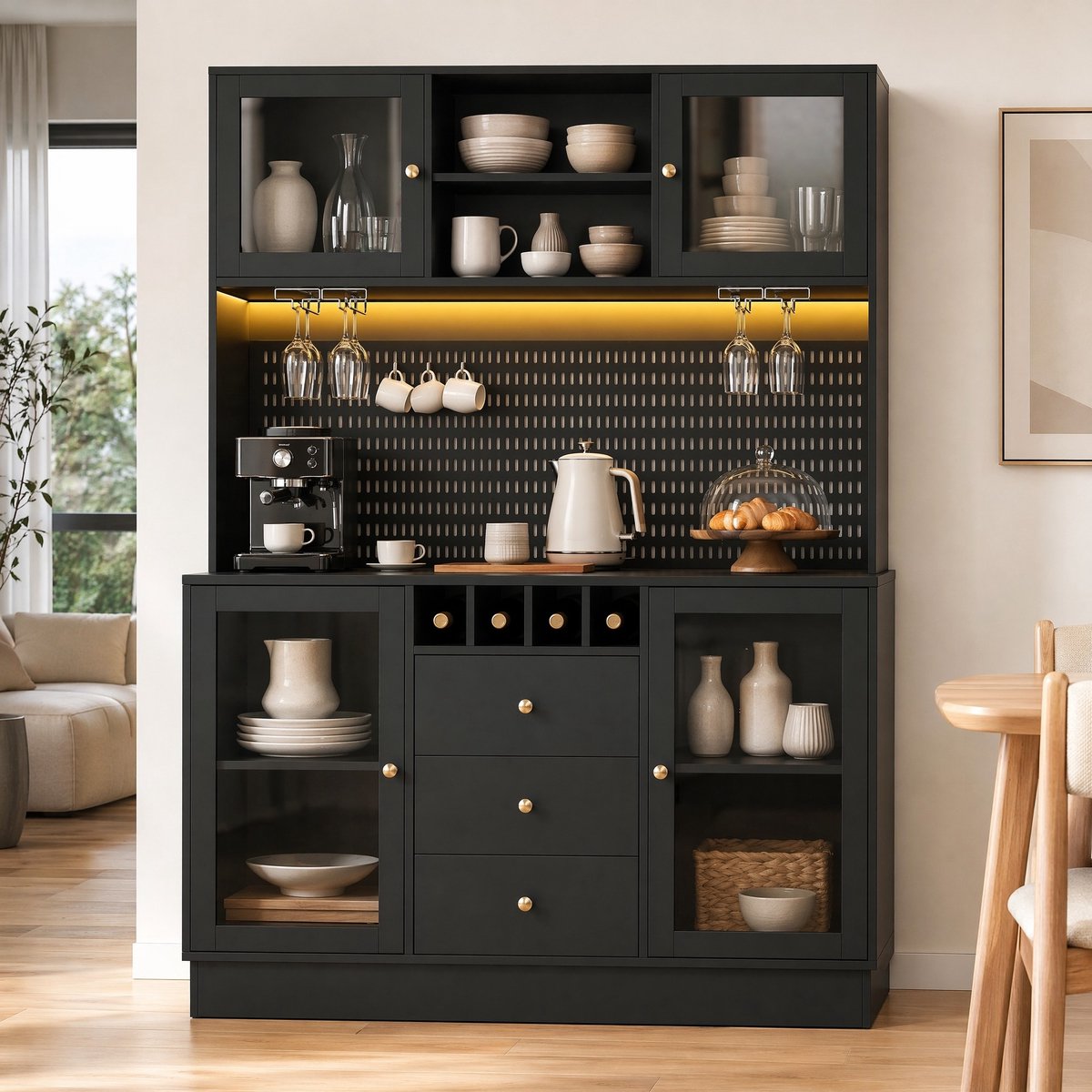Wishdor - Keukenkast - Hoge buffetkast met slimme LED-verlichting - wijnrek, glasfronten en lade - modern voor keuken of woonkamer - houtlook zwart - 140 x 40 x 185,7 cm