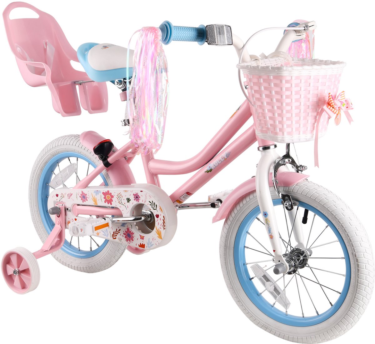 Vankel Meisjesfiets 12 14 16 inch Prinses Bloemendesign Met Zijwieltjes Roze Rieten Mand en Poppenzitje Roze