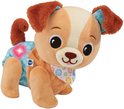 Bruine en witte knuffel puppy met blauwe luier met hartje en VTech logo, en een gebloemd slabbetje.