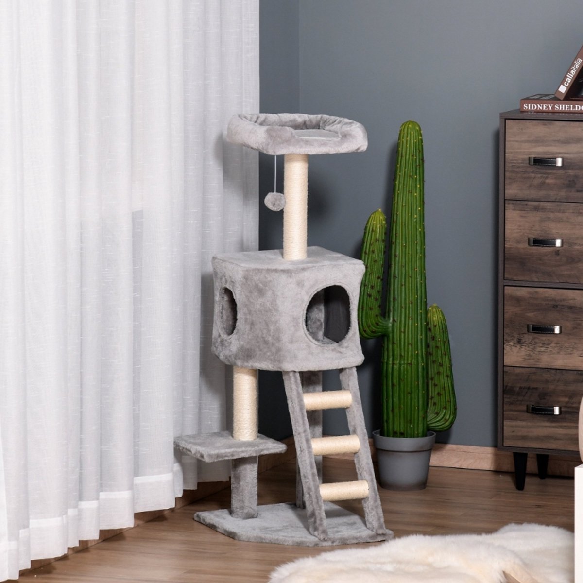 COVREO Krabpaal 120 cm lichtgrijs, pluche, met huisje, ladder en speelbal