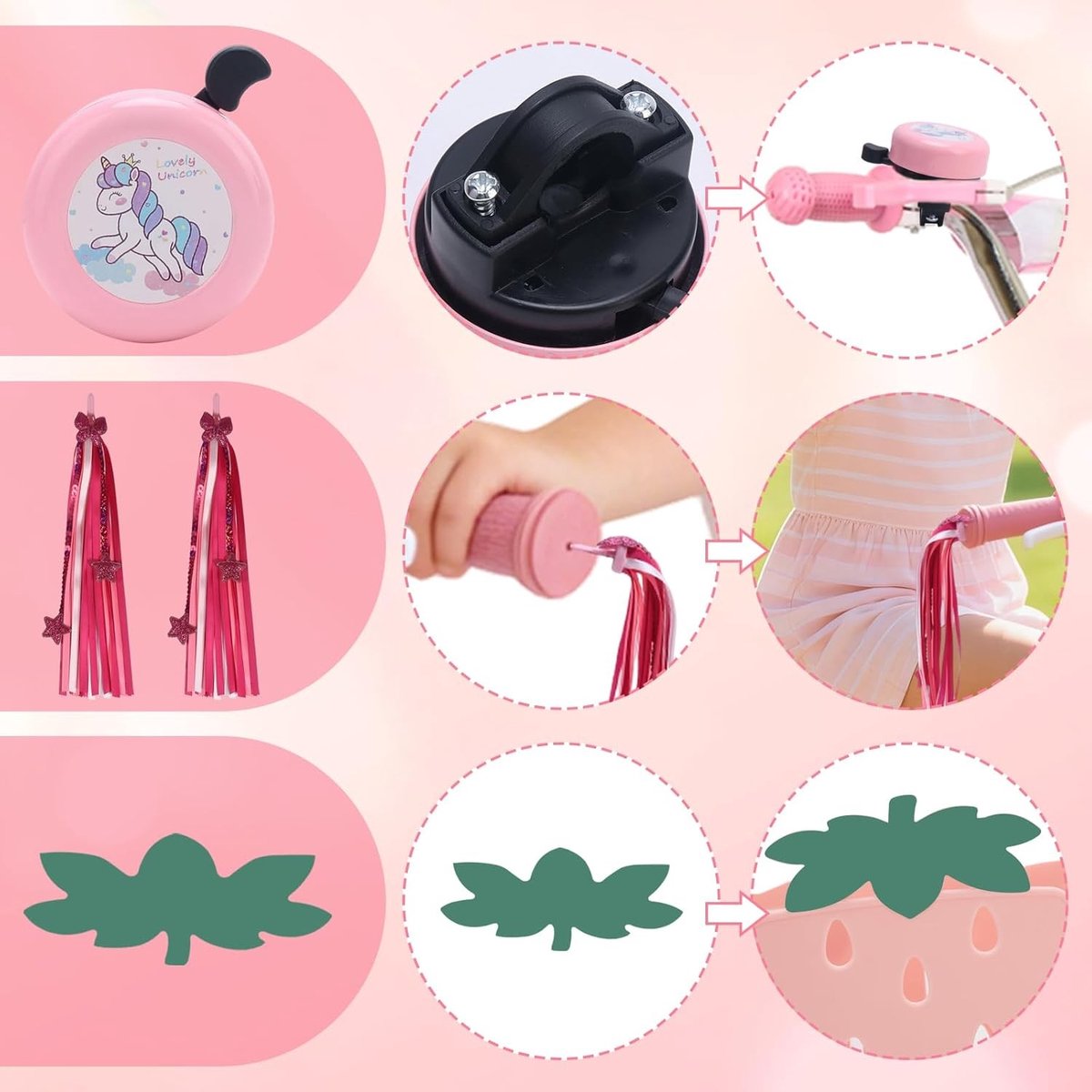 Fietsaccessoireset voor Kinderen - Roze - Kunststof - Fietsmand met Bel en Decoraties