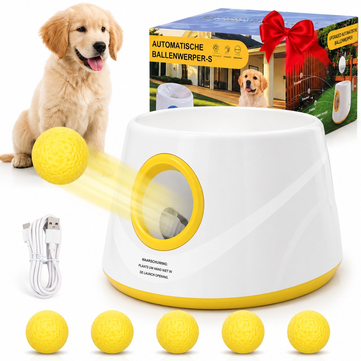 DPLUNIQ Honden Speelgoed - Hondenbal - Hondenspeeltjes - Hond - Incl. 5 Ballen - Oplaadbaar - Sensor - 3 Afstanden - Wit/Geel