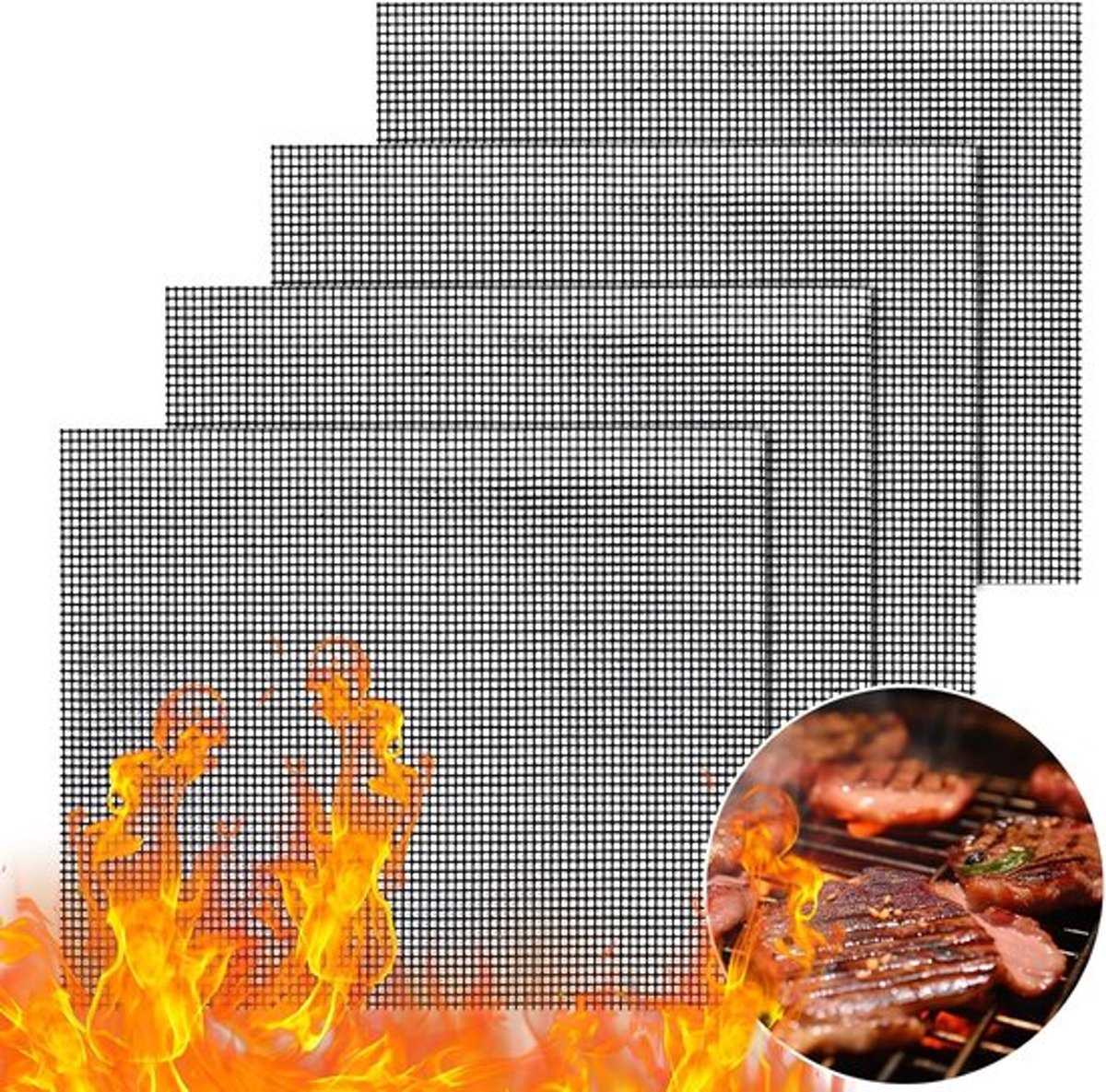 4-delige BBQ-grillgaasmatten-set - niet-klevende grillmatten - herbruikbare hittebestendige BBQ Teflon grillmatten voor het grillen van vlees en groenten - 40x33 cm