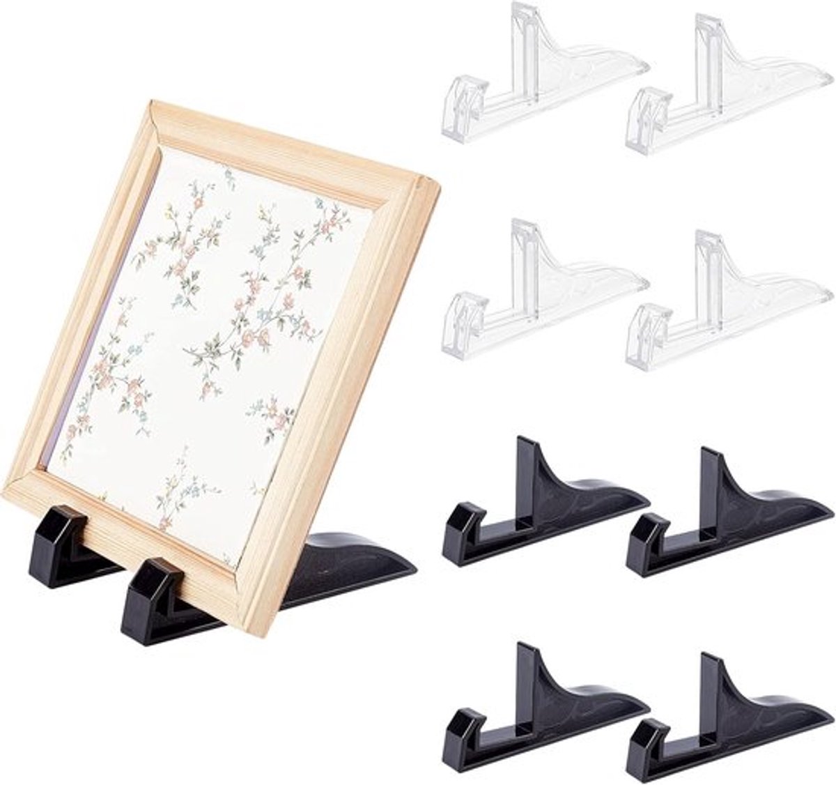 8 stuks kunststof fotolijst-standaarden - 2 kleuren: zwart en doorzichtig - fotodisplayhouder voor foto's - handgemaakte borden - kunststukken - certificaten