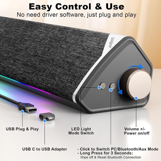 PC Luidspreker - Soundbar Computer - Muziek Luisteren - 3 Afspeelmodi - 5W*2 - Zwart — afbeelding 5