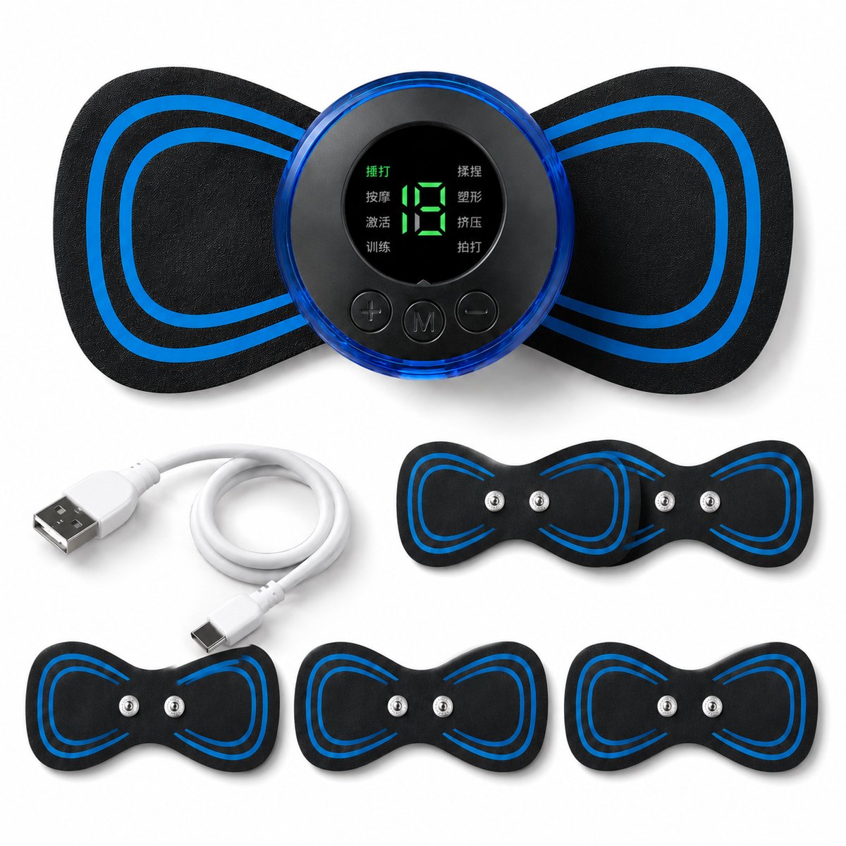 Gloovon® EMS Massage Apparaat-massage- TENS -5Stuks- Spierstimulatie - Stimuleert Bloedsomloop - Geschikt voor Rug, Armen en Benen - Draadloos - 54 standen - Zwart/Blauw