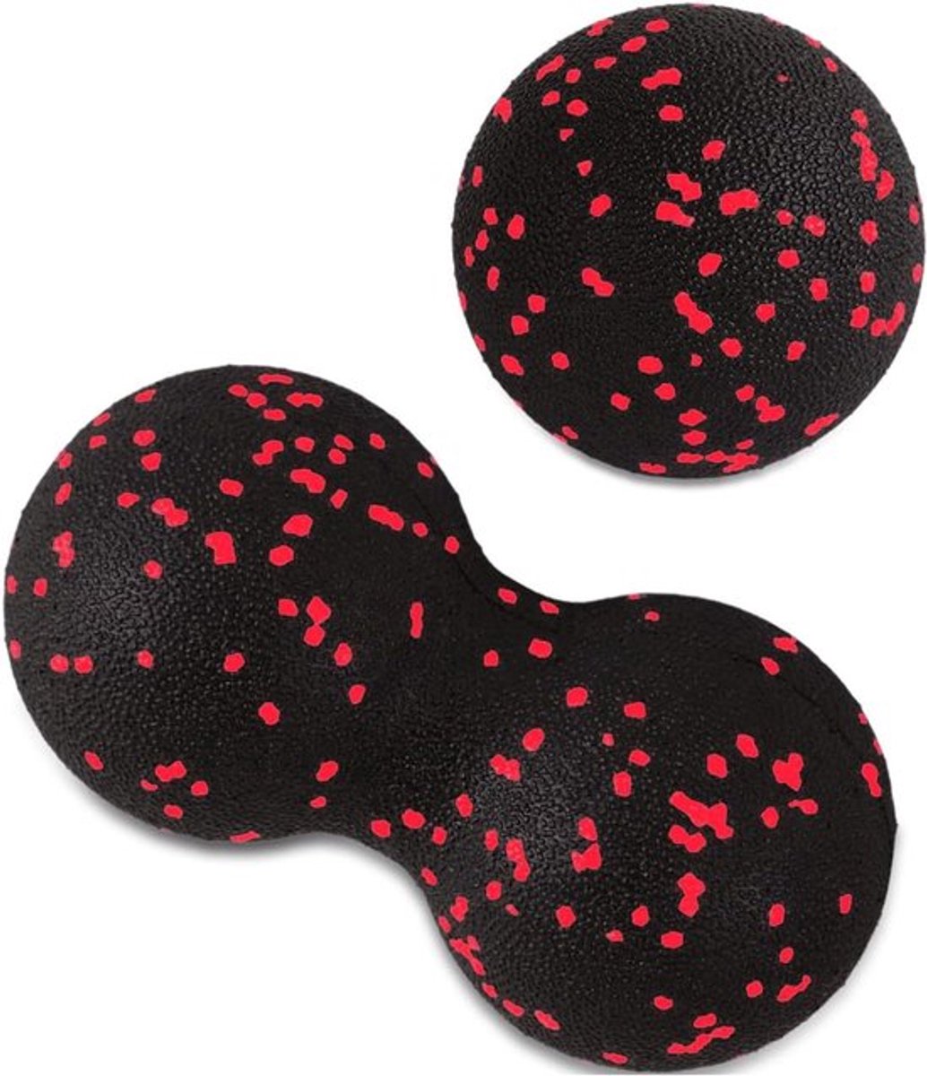 Massagebal voor zelfmassage en triggerpoint therapie - Zwarte massagebal - Duo-bal voor acupressuur - Klein formaat bal voor spieren en plantaire fasciitis - Rood met pinda-vorm - Ideaal voor wervelkolom en reflexologie