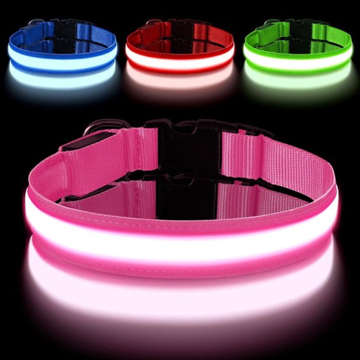 Oplaadbare LED halsband voor honden, verstelbaar met 3 verlichtingsmodi - roze, waterdicht