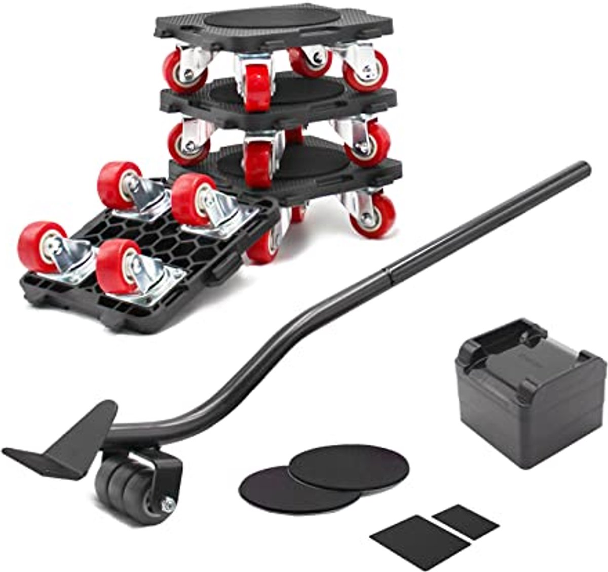 Meubelverplaatser Set – 4 Transportrollers met Meubellifter – 360° Draaibaar – Tot 300 kg – Rood