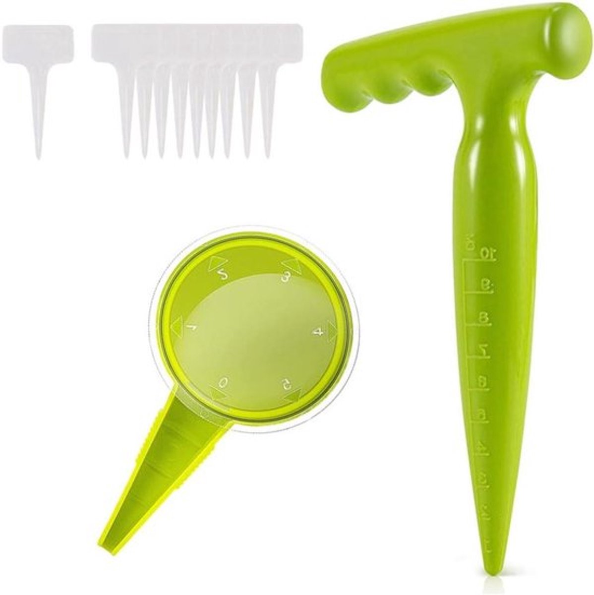 - Plantenzaaier set - Tuingereedschap kit - 5 Maten gaten - Tuinieren - Perforator - Etiketten - Geschikt voor Planten - Groen Model