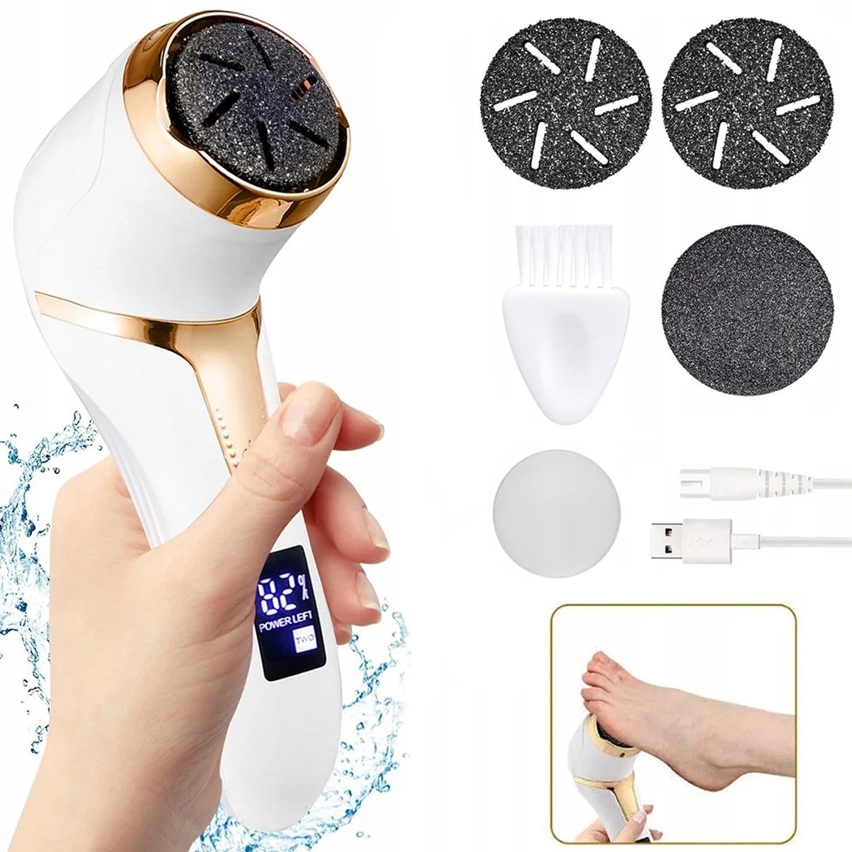 Cherrys Finds - Elektrisch Voetvijl met 3 Opzetstukken - Waterdicht - USB Oplaadbaar - Met Chipverwijderingsreiniger - Voet Eeltverwijderaar - LED-scherm - Wit