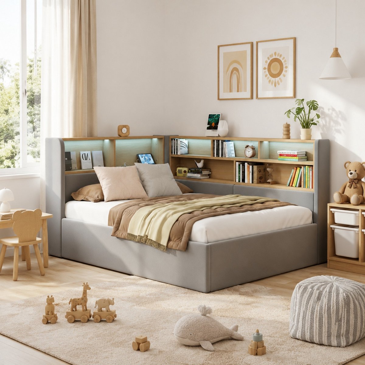 COVREO Bedbank 90x200 cm grijs stof, met opbergruimte LED en USB