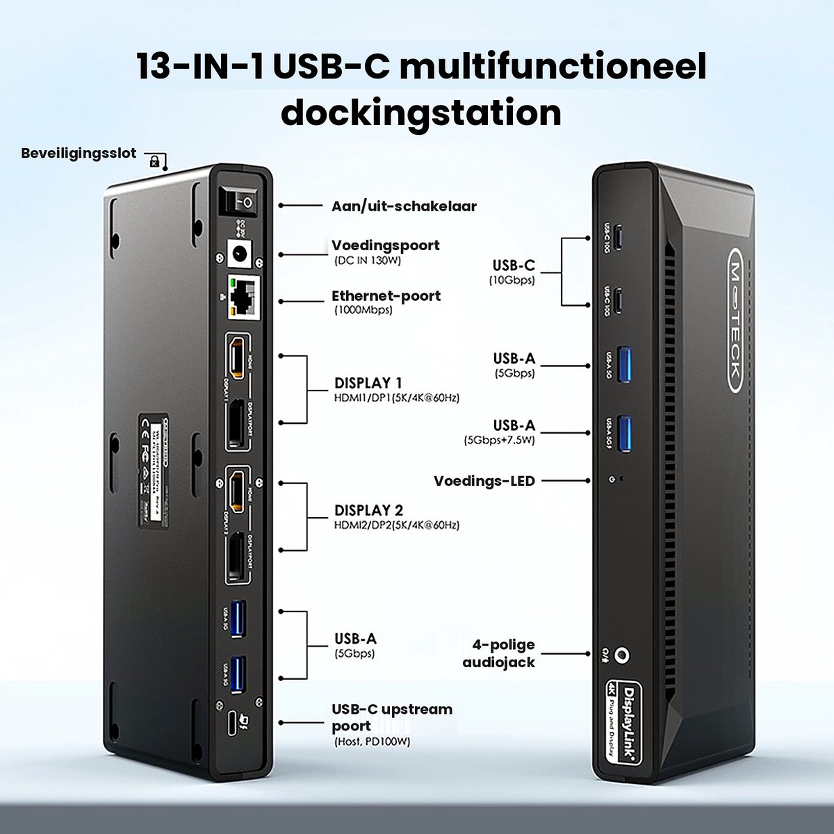 M-TECK Pro Max USB-C Docking Station met 2 x HDMI - 2 x DisplayPort Video uitgangen - 8 andere poorten en 100W opladen. Geschikt voor ALLE type Laptops en MacBooks!