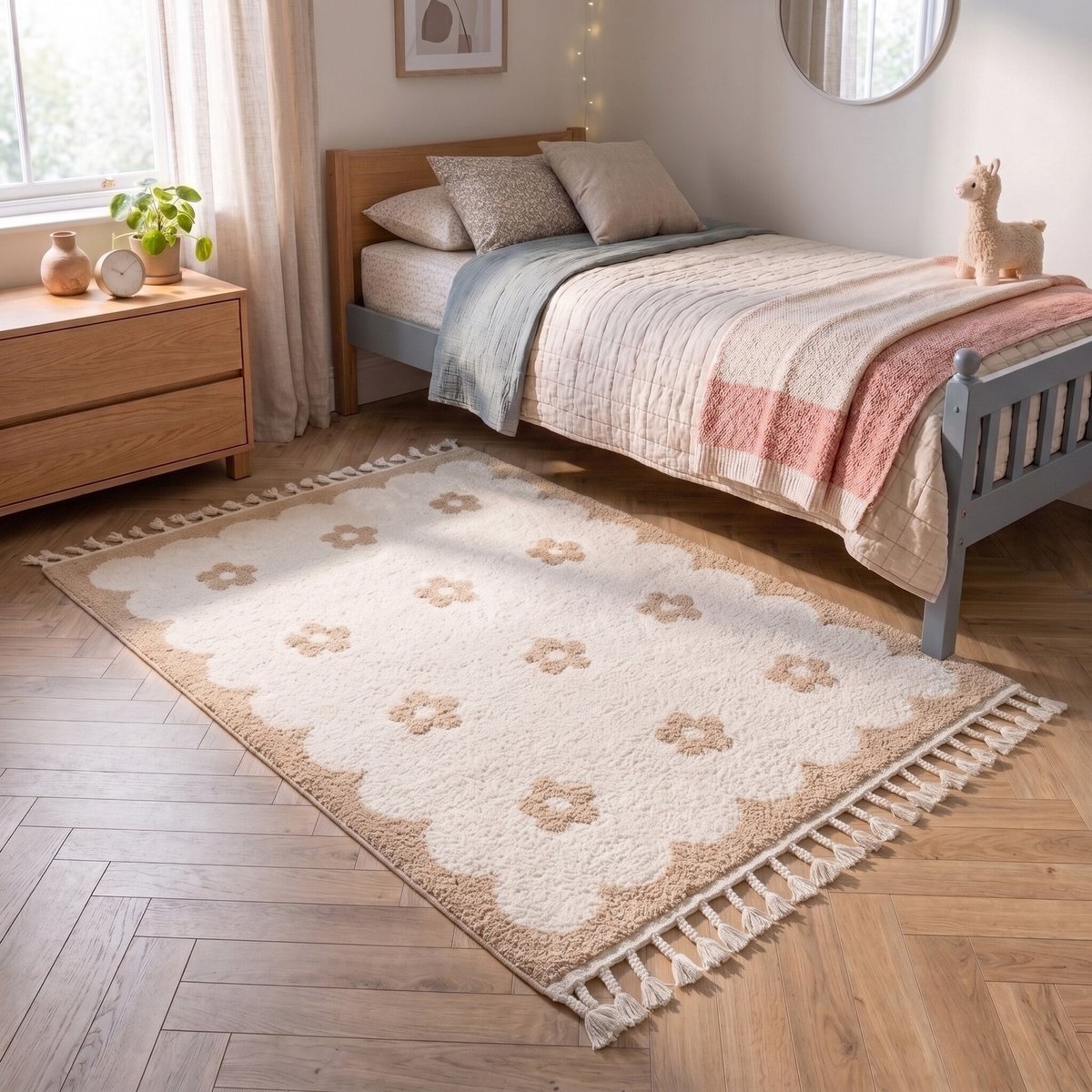 Little Olly Wasbaar kindervloerkleed - Moos Flower Creme - 120x170cm