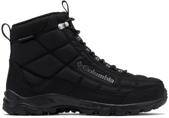 Zwarte Columbia snowboot met gewatteerd bovenwerk en veters.
