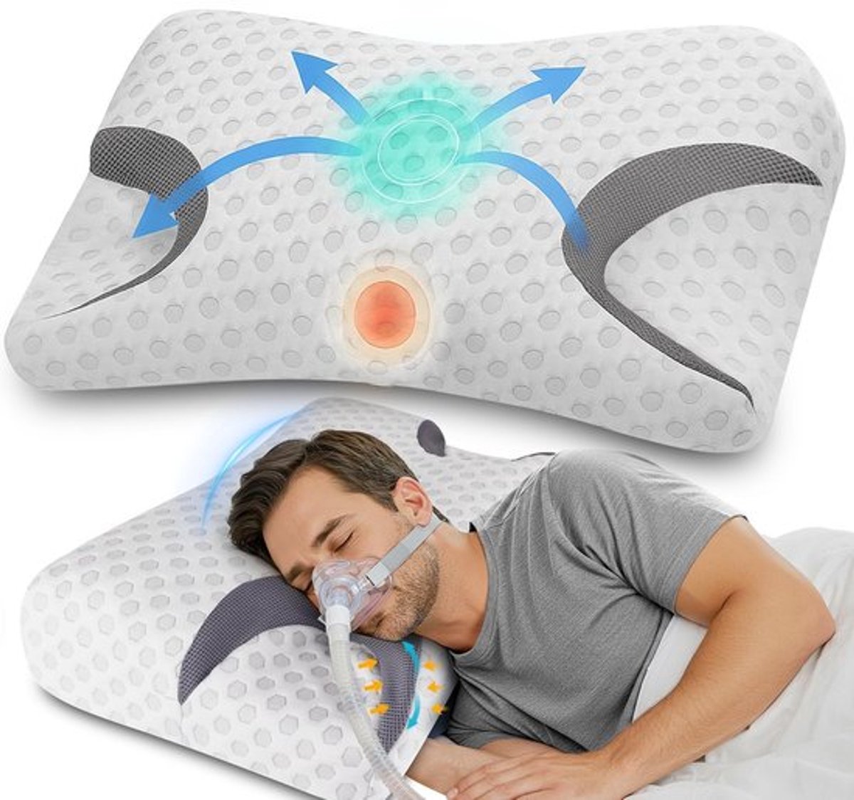 CPAP-kussen vermindert maskerdruk - Geheugenschuim - Nekondersteunend - Geschikt voor zijslapers - CPAP-maskerdragers - Uitsparingen voor slangen - Slaapkussen
