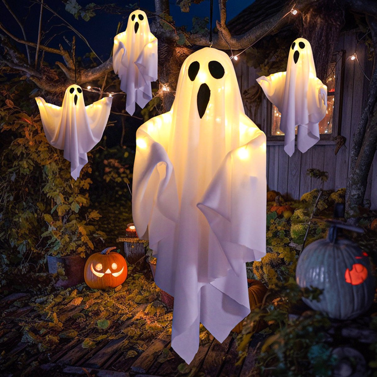 Ryoudavell - 4 Stuks - Hangende Halloween Spook Decoratie 50×40cm - LED - Voor Tuin - Veranda & Boom(Drie lichtinstelmodi)