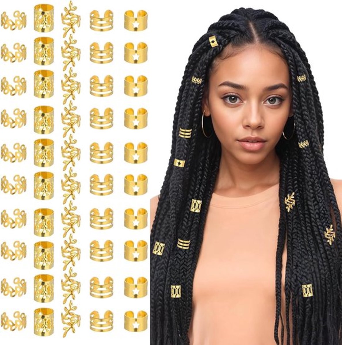50 Stuks Gouden Haarcuffs voor Vlechten en Dreadlocks - Haaraccessoires en Sieraden voor Vrouwen met Diverse Stijlen en Verstelbare Locs