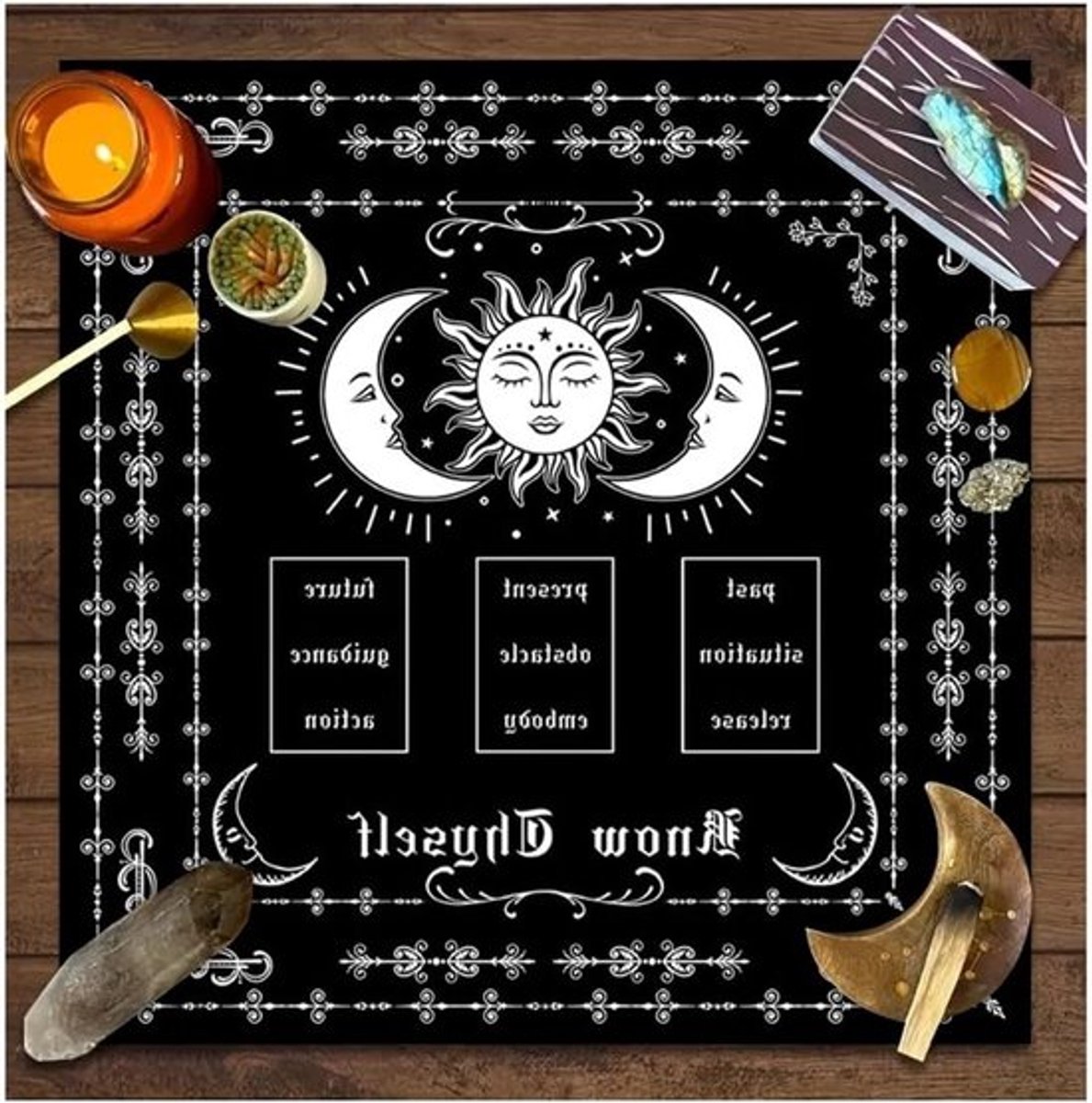 Spirituele Tarot Tafelkleed met Maanfasen en Bloemen - Altar Dekentje voor hekserij en astrologie - 75 x 75 cm Wandtapijt