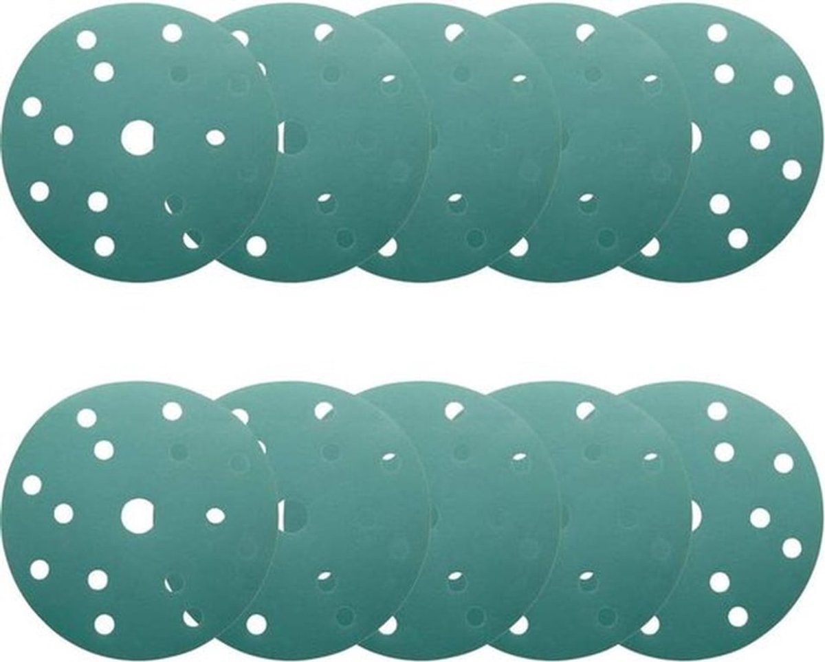 Schuurschijfjes - Schuurpapier - Haak en Lus - 15 Gat - 10 Stuks - 150 mm - 240/320/400/800 Grits - Geschikt voor Schuurmachine - Groen.
