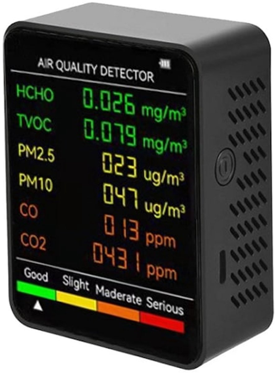 Luchtkwaliteitsmonitor, 6 meetwaarden, koolstofdioxidedetector, oplaadbaar, zwart.