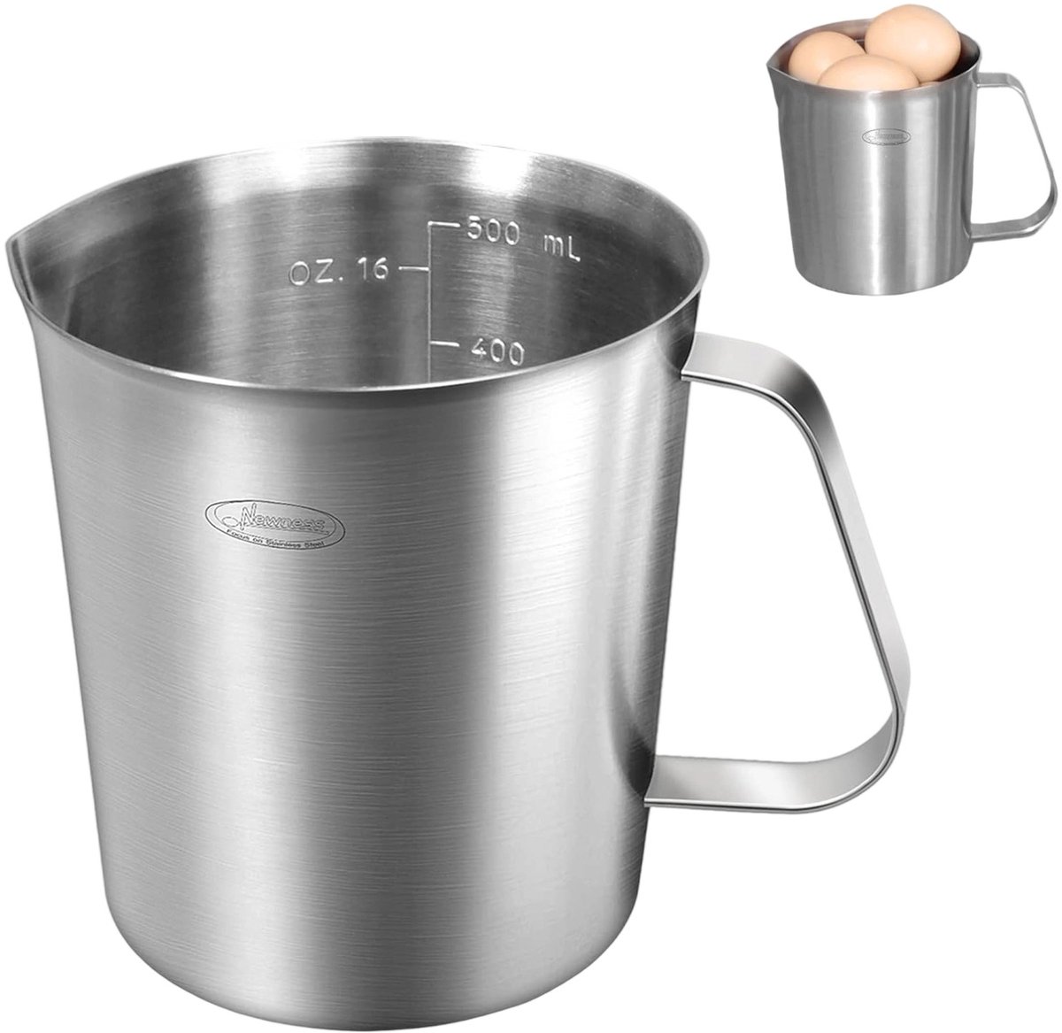 REDOM Maatbeker 500 ml – Beker met Handvat – 3-in-1 Maatverdeling in ml, oz en Cups – Maatbeker voor Keuken – 304 Roestvrij Staal – Zilver