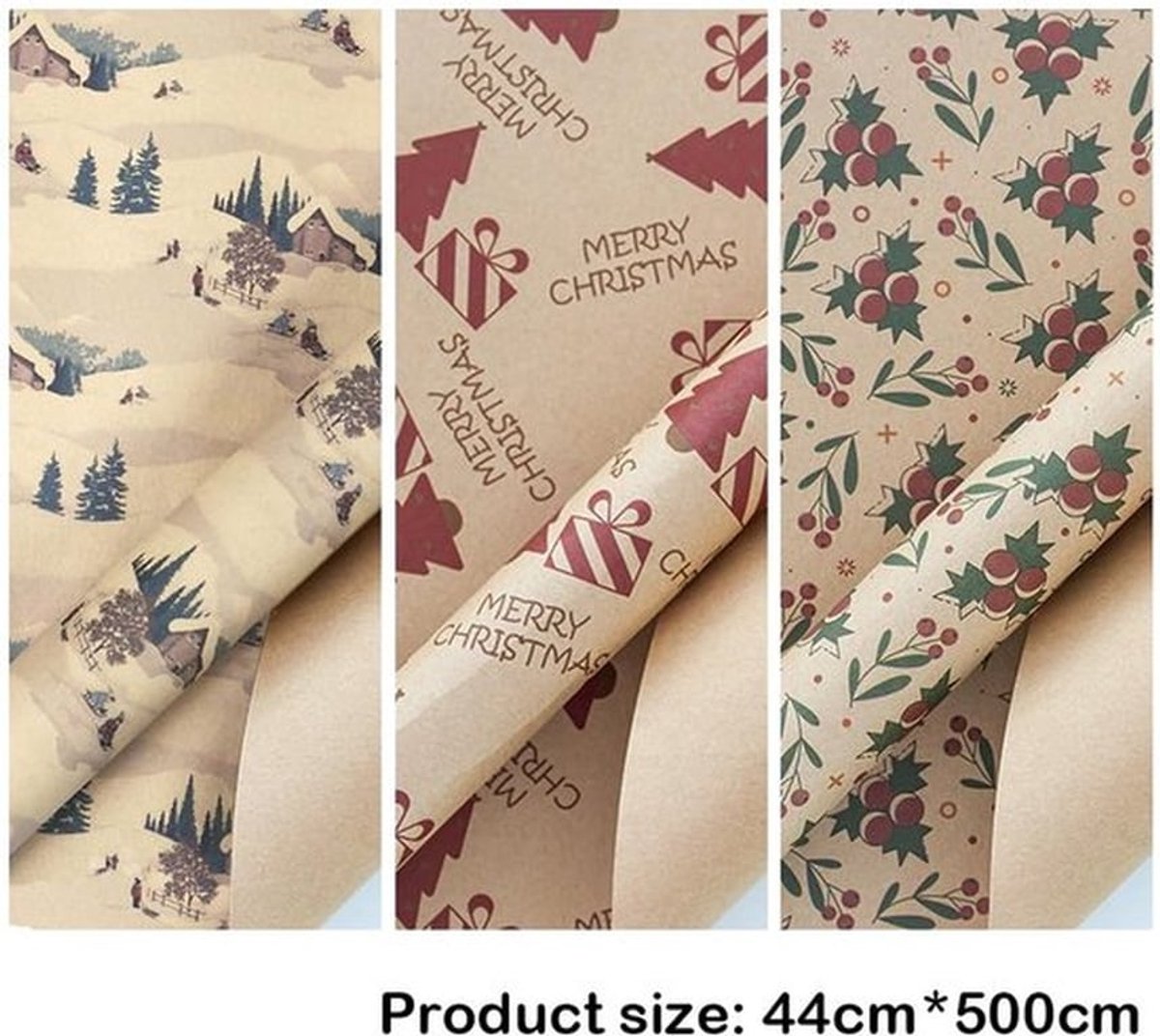 Cadeaupapier Kerstmis - Rol van 5 m - 3 Stuks - Kraftpapier - Duurzame Geschenkverpakking - Hoogwaardig Materiaal - Feestelijke Ontwerpen - Inpakpapier