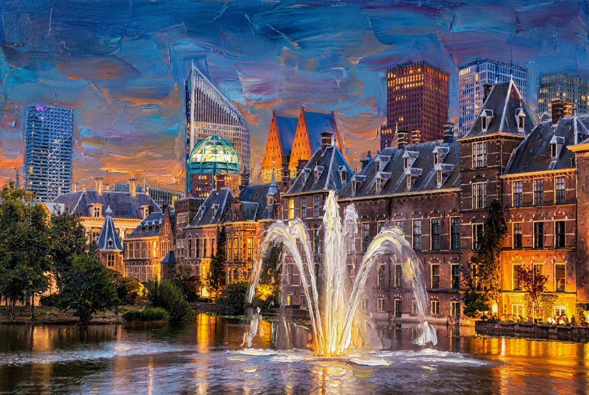 Atelier Iconique Skyline Den Haag Luxury Oil Painting Skylines - Print op Canvas 90x60 cm - Atelier Iconique rijke, warme en premium kunsttinten