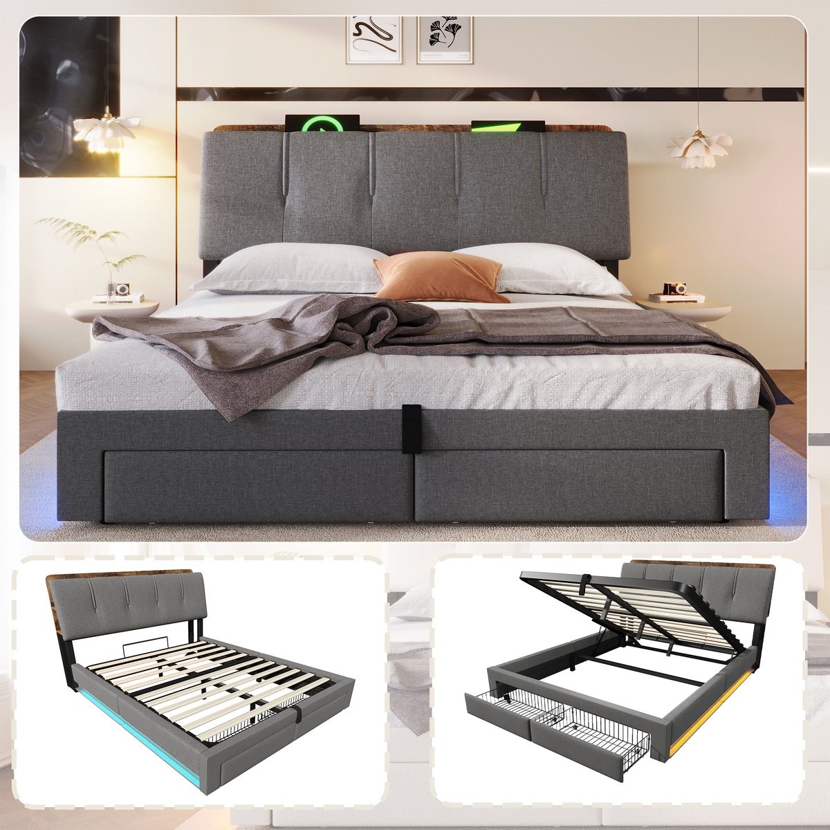 Gestoffeerd Bed 140x200 cm - Met LED-Verlichting - Met Opbergruimte - Met Lades - Grijs