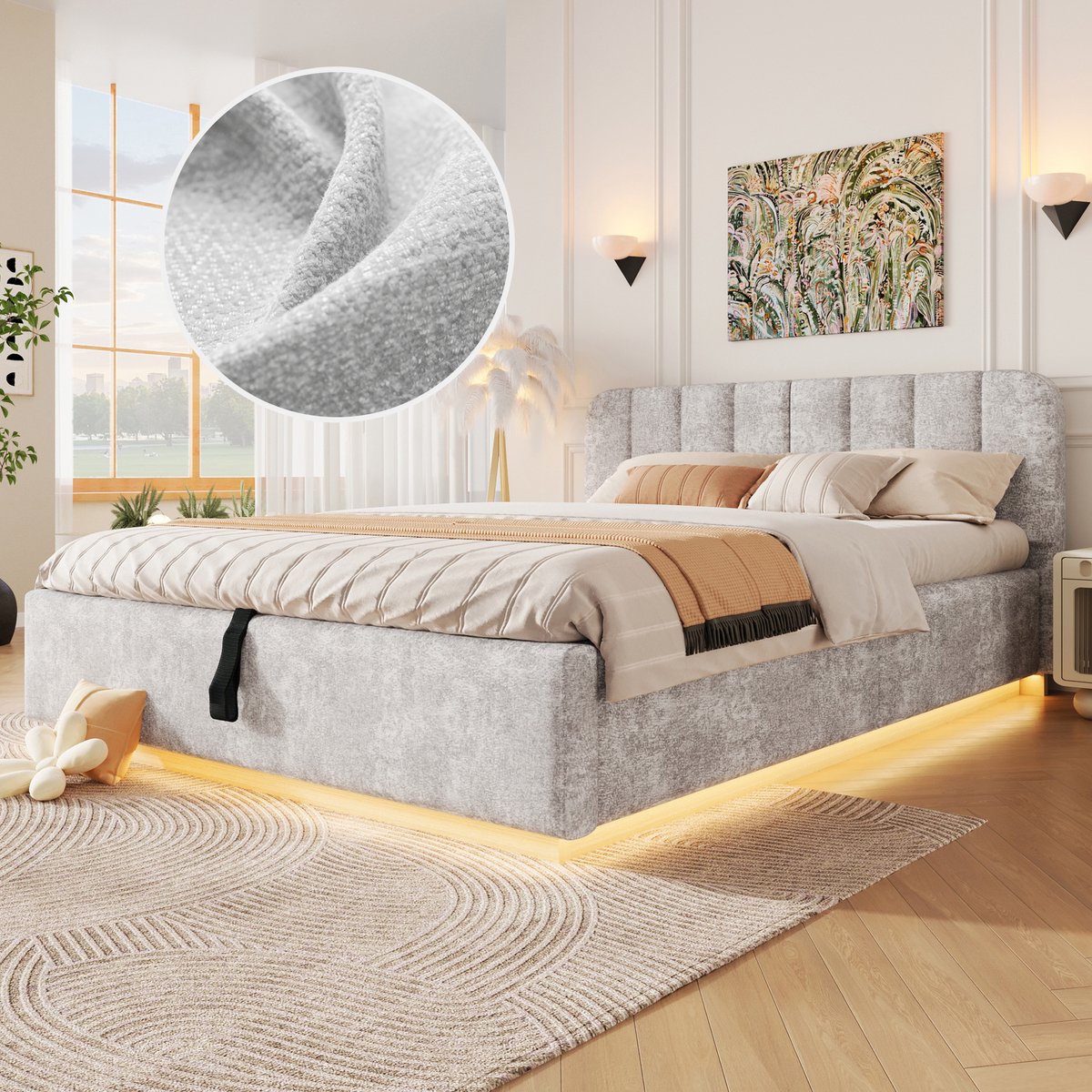 Gestoffeerd Bed 140x200 cm - Met LED-Verlichting - Met Opbergruimte - Met Glijbaan - Grijs