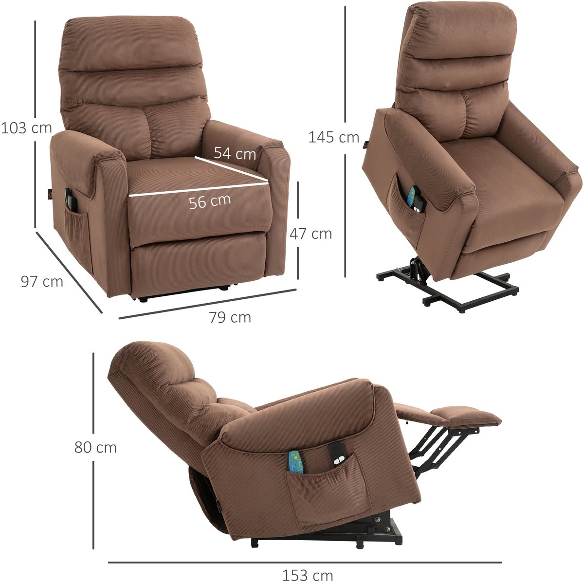 HOMCOM Relaxfauteuil met sta-op hulp en ligfunctie - Sta-op stoel massage verwarming senioren - Bruin – foto 4