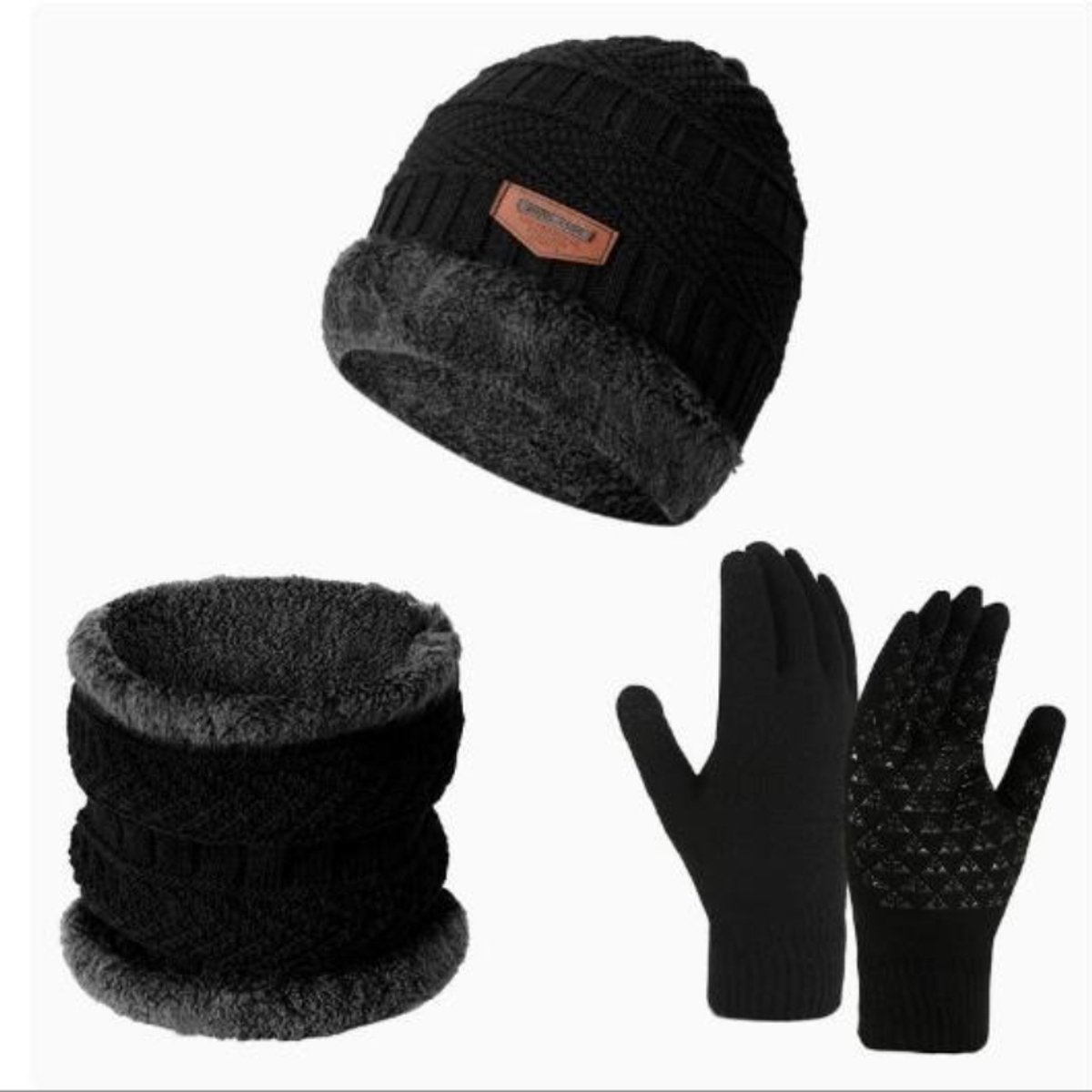 Winterse Muts, Sjaal En Handschoenen 3-Delige Set – Warme Fleecevoering – Handschoenen Geschikt Voor Touchscreen – Unisex – Zwart