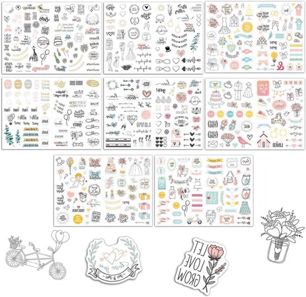 Vintage Bruiloft Fotoalbum Stickers - 8 Vellen met 436 Ontwerpen voor Gastenboek, Scrapbook en Bruiloft Decoratie met Hart Motieven en Romantische Thema's