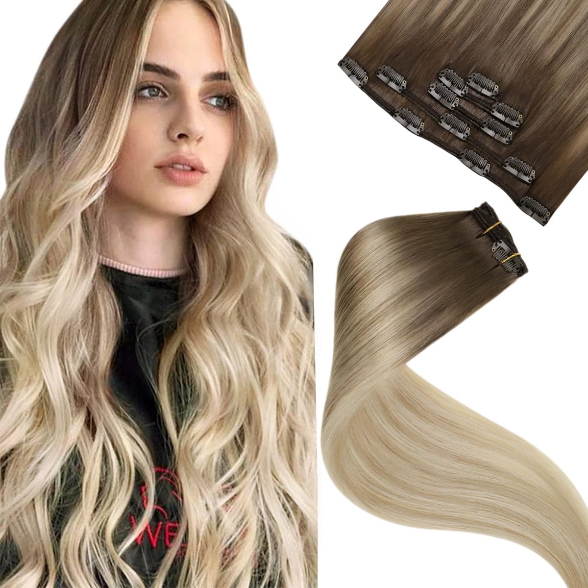 Solidchoice - Clip in Hair Extensions Echte Mensenhaar 35cm Balayage