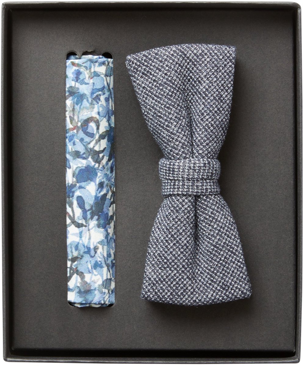 VENTI set met vlinderdas en pochet - blauw met wit dessin