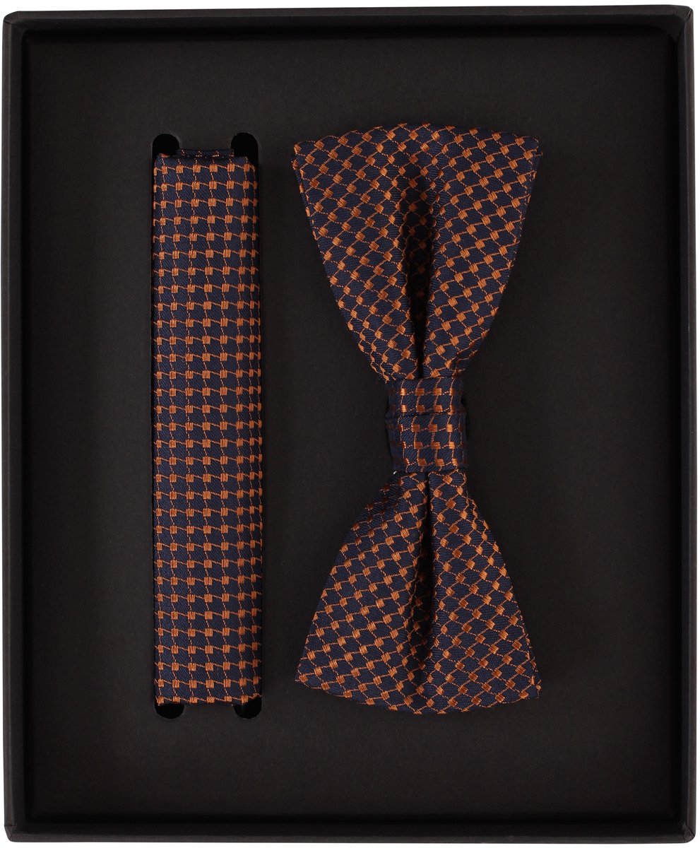 VENTI set met vlinderdas en pochet - donkerblauw - oranje dessin