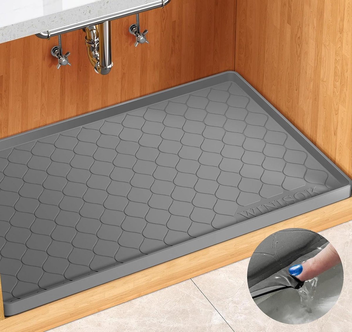 Waterproof Under Sink Mat 34" x 22", Silicone Mat, Dark Gray | Raised Edge Traps Spills & Leaks, Shelf Liner, Cabinet Protector, for Kitchen, Bathroom, Boots, Pets, Home Essentials