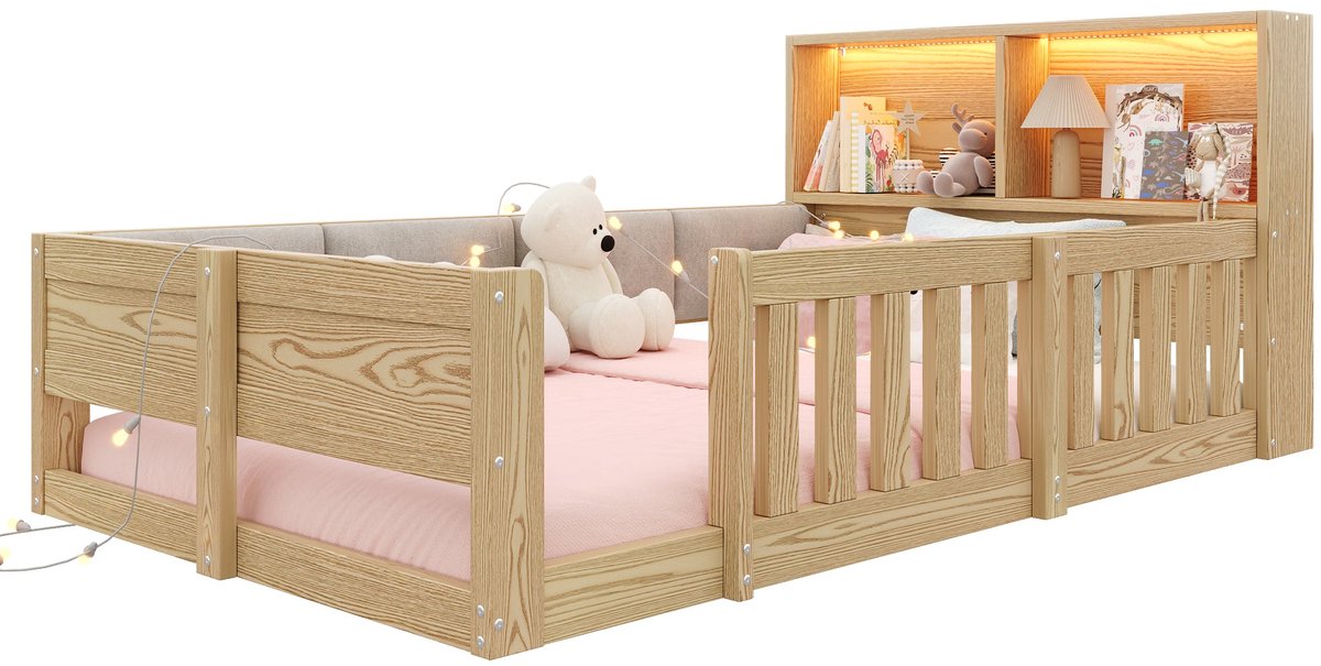 Merax Kinderbed 90 x 200 cm - Laag Vloerbed Met Veiligheidshek - Gestoffeerde Zijranden - Hoofdbord Met Opbergvakken - LED Verlichting - Natuurlijke Houtkleur