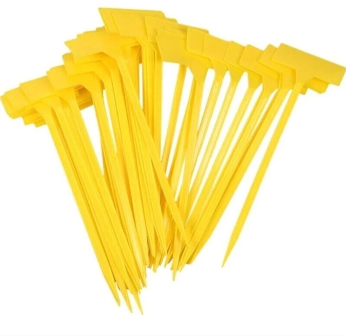 Verpakking van 50 gele plastic tuinlabels – Afgeschikt vooringen: 9 x 4,5 cm – Hoogte: 30 cm – Herbruikbaar, geschikt voor moestuinen en gewassen