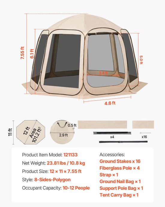 Opvouwbare Tent, 365,76 X 335,28 cm, Draagbare Kampeertent voor 10-12 Personen, inclusief Net, Draagtas, Zijwanden en Haringen, Geschikt voor Tuin, Terras en Buitengebruik,Beige — afbeelding 4