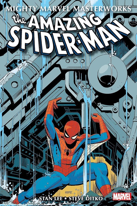 The Amazing Spider-Man in rood en blauw pak, zittend onder een douche van water, met "Mighty Marvel Masterworks: The Amazing Spider-Man" bovenaan.