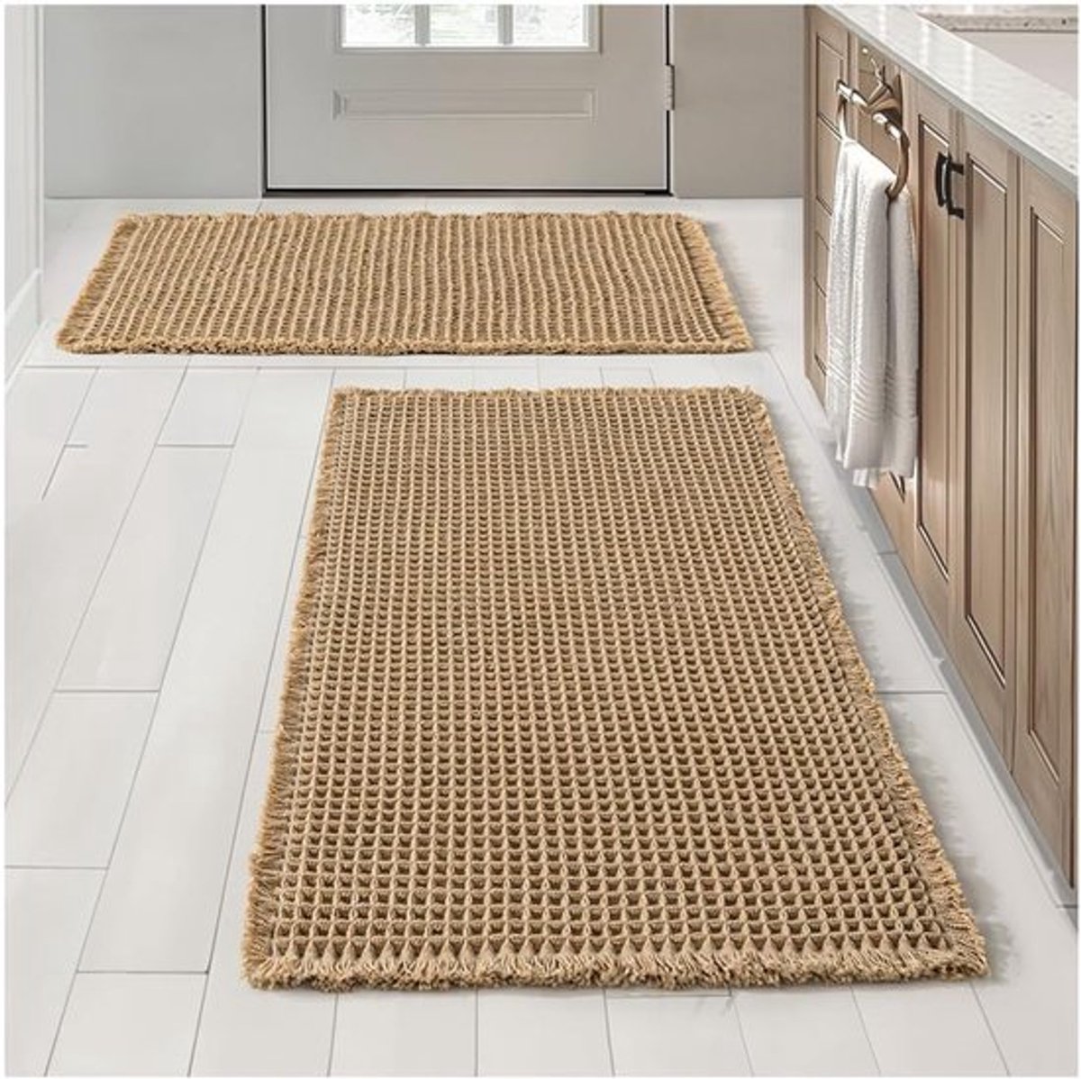 Absorberende badmat met kwastjes, antislip, wasbaar - Bruin - Voor badkamer, slaapkamer, keuken - 61 x 92 cm