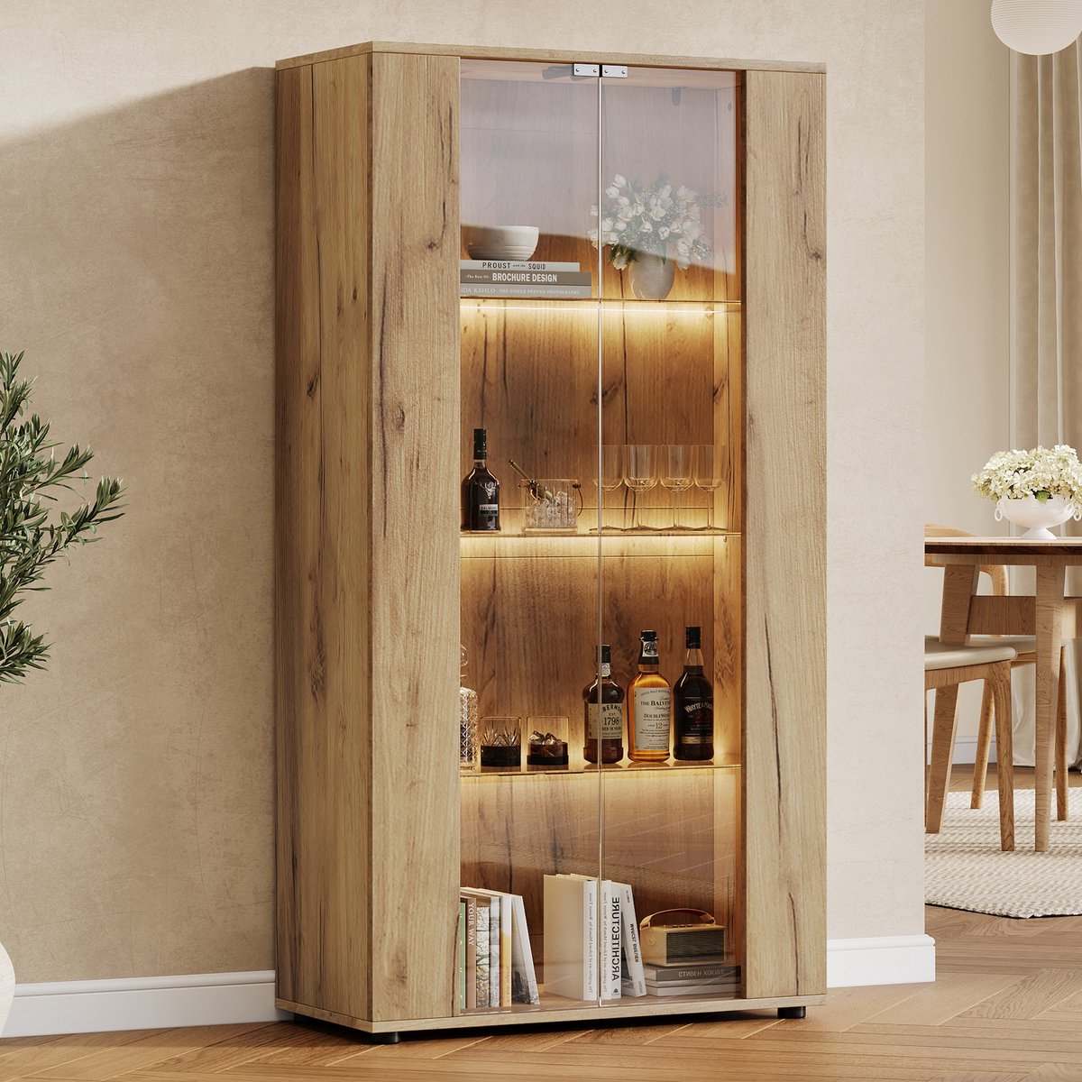 MIVRAY Vitrinekast - Met 2 Glazen Deuren En 4 Legplanken - Voor Woonkamer, Eetkamer En Kantoor - Spaanplaat En Glas - Naturel - 80 x 36 x 150,5 Cm